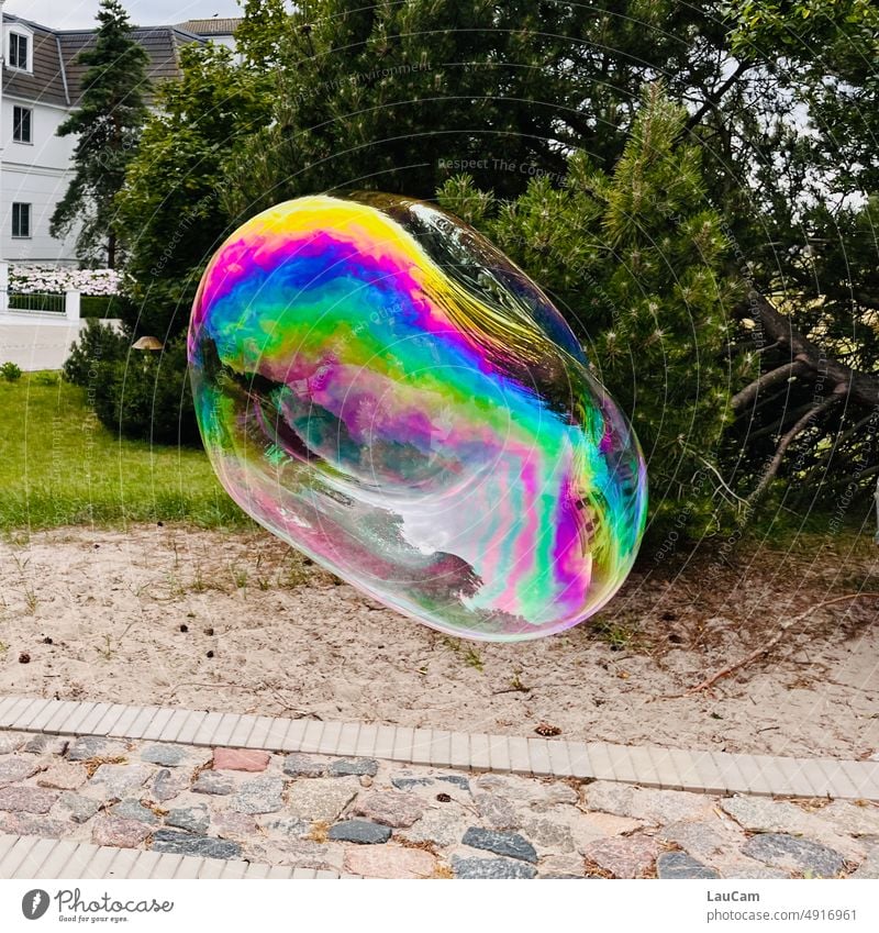 Bubble XXL Soap bubble Rainbow colored Bursting Flying Hover hovering Easy Round Ease Reflection Dream Fragile Transience Blow Sphere Glittering Playing