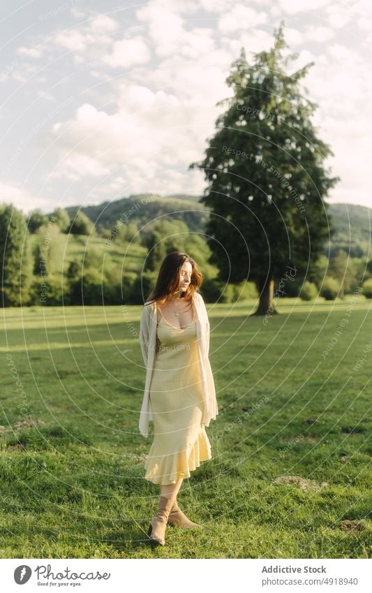 Young woman standing in field in summer countryside meadow grass dress nature pastime recreation feminine woodland female lady rural flora grassy leisure