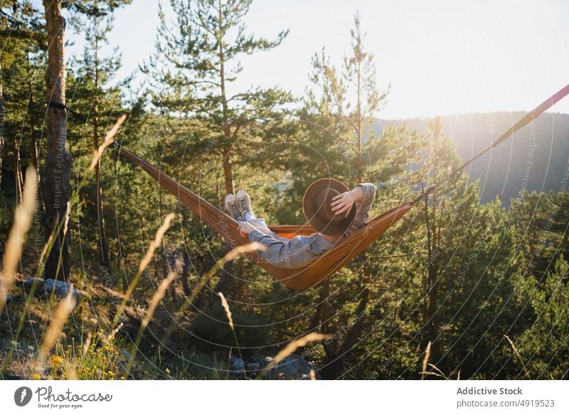 Faceless man resting in hammock in nature forest relax recreation woods leisure chill pastime headwear tree hat male summer plant sunshine journey summertime