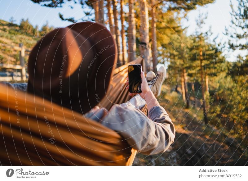 Man sitting in hammock in countryside man browsing watching forest smartphone mobile nature recreation woods leisure chill pastime headwear wanderlust tree