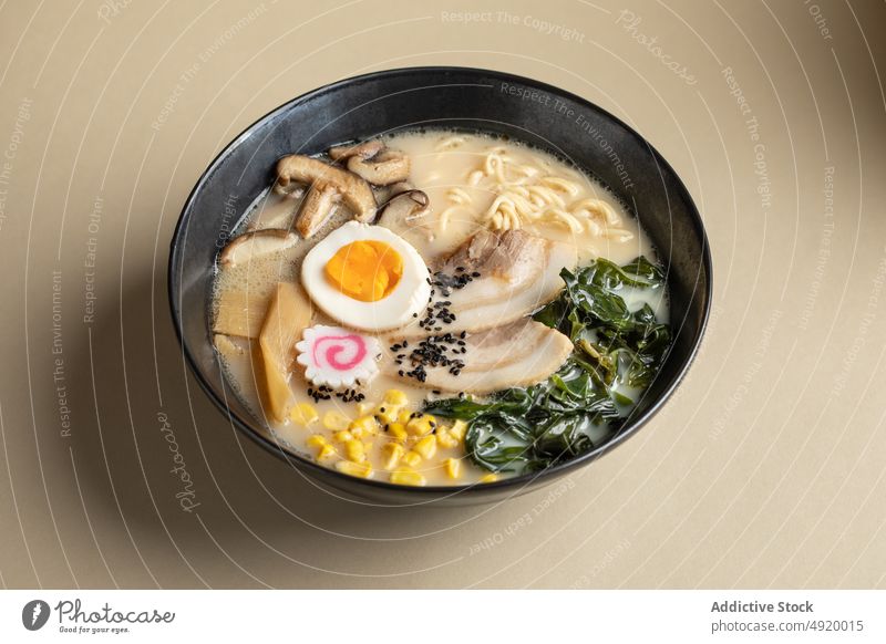 Tasty ramen with mushrooms and egg japanese noodle traditional culture dish ingredient flavor food meal bowl yummy appetizing delectable tasty serve culinary