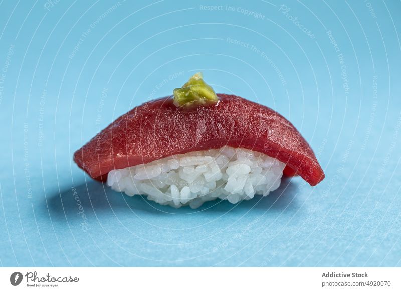 Tasty bluefin tuna nigiri with wasabi japanese sushi asian food seafood fish rice traditional ingredient light authentic spicy delicacy studio culture dish meal