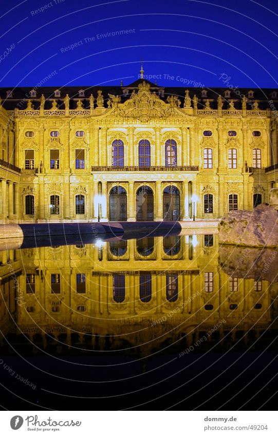 residence Würzburg Window Yellow Night Twilight Well Mirror Reflection Long exposure Old barroque Door fly sach Blue Domicile