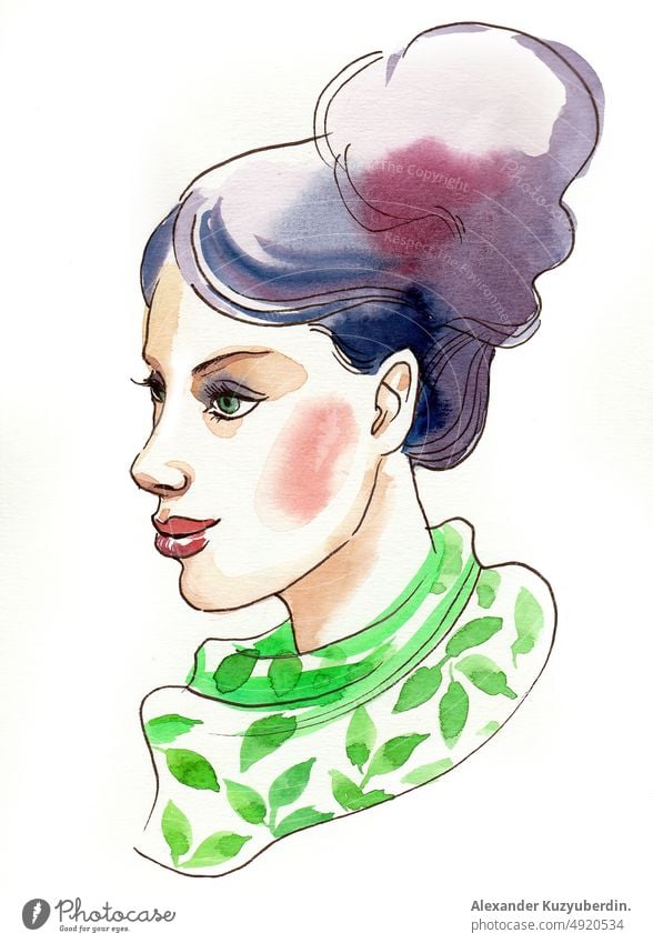 Beautiful woman with purple hair. Ink and watercolor drawing portrait face girl scarf fashion sketch illustration painting art artwork background cartoon