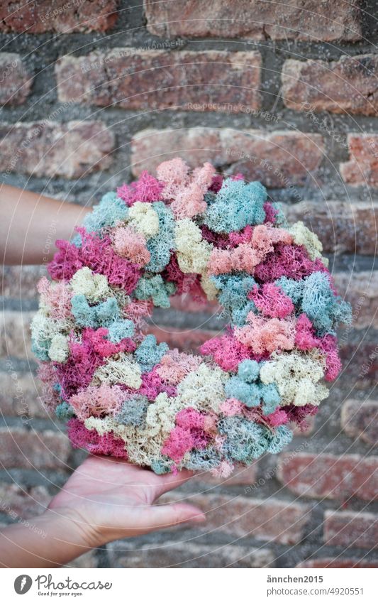 A colorful wreath of moss in front of a stone wall Wreath Moss DIY do it oneself stones Wall (barrier) masonry variegated pastel stop hands Decoration Woman