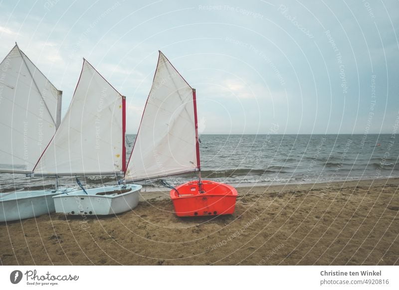 Three optimists - dinghies on the North Sea beach, ready for sailing lessons on a cloudy day Dinghy boat sailing school Ocean Optimist Sky Sailboat Summer