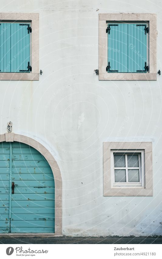 Croatian house facade with blue door and blue shutters Facade House (Residential Structure) Window Blue Wooden door Window transom and mullion light blue