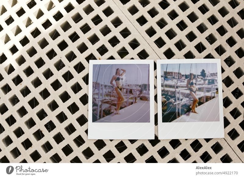 Two Polaroid pictures with a young, slim woman in a bikini on the pier lie on a grid Lifestyle salubriously pretty Woman Athletic Slim Esthetic teen daintily