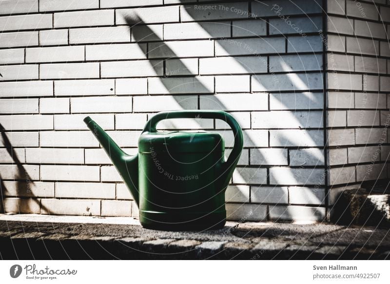 Watering can stands in front of white brick wall Garden Gardening Cast Nature Leisure and hobbies Exterior shot Plant Colour photo Gardener Green Environment