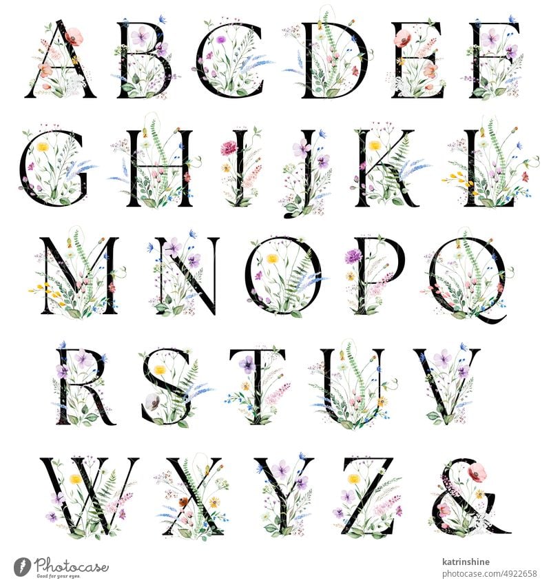 Black capital alphabet letters with watercolor wildflowers and leaves bouquet isolated Birthday Botanical Character Drawing Element Garden Hand drawn Holiday