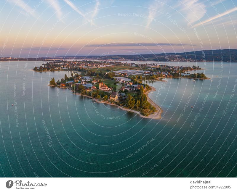 Aerial view of Reichenau Island in Lake Constance. Dusk Sky Nature Peninsula Antenna Aerial photograph Konstanz Rhine River panorama panoramic Drone Germany