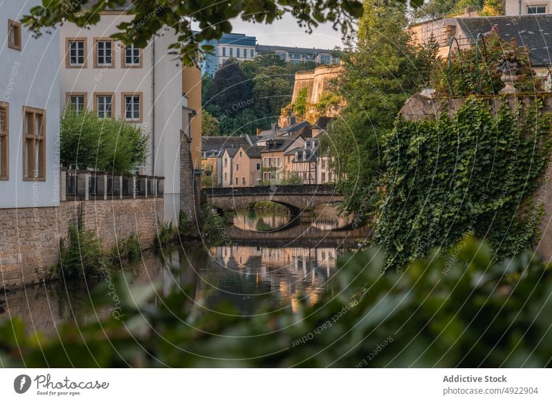 Small arched bridge crossing river in old city residential district building architecture historic scenery house river bank dwell calm peaceful foliage sunlight