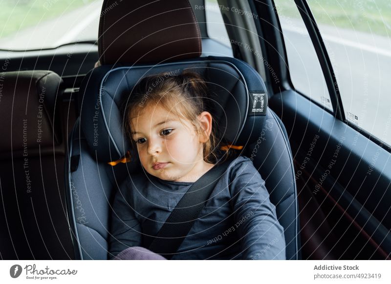 Adorable calm child resting in car during trip tired road trip automobile travel passenger girl car seat transport fasten belt kid adorable backseat daylight