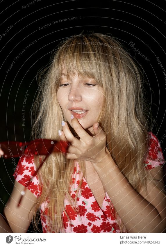 A beautiful blonde girl in this one. Dressed in red summer dress and looking all pretty. Enjoying wild nights of summer. A portrait of true beauty. Flashlight