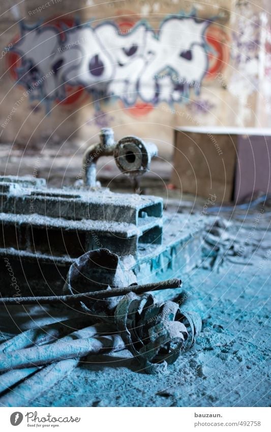 graffiti. Machinery Technology Industry Ruin Wall (barrier) Wall (building) Stone Concrete Metal Steel Rust Sign Graffiti Dirty Cold Trashy Blue Gray Red Chaos