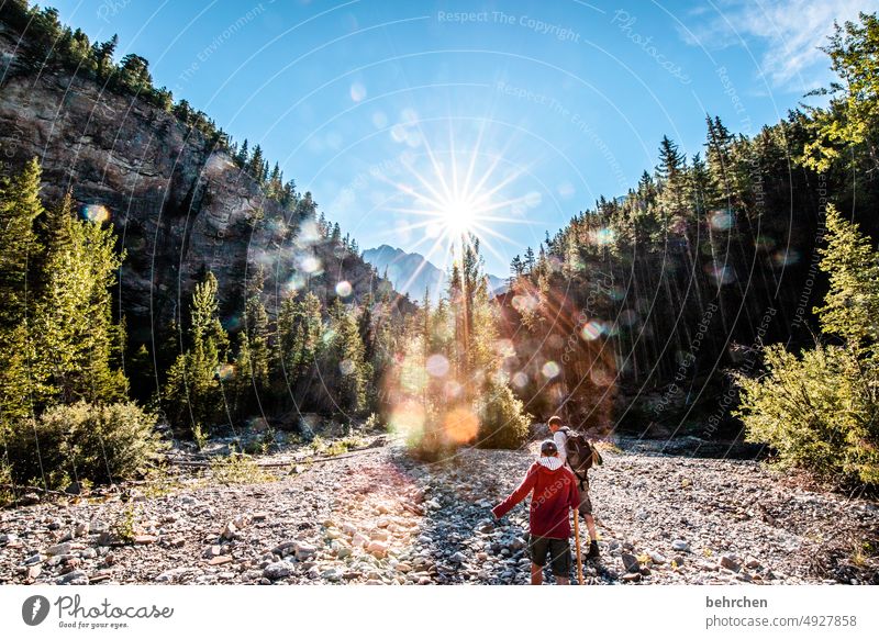wanderlust Sunbeam solar star Sunlight Rock River Banff National Park Infancy Child Trip Trust Boy (child) Father Man Parents Together hikers Lanes & trails