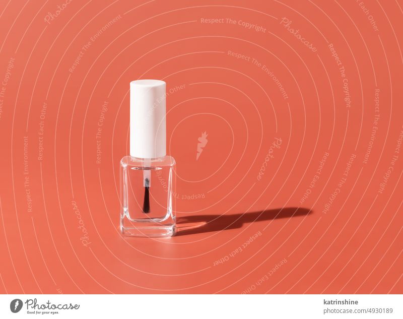 Clear Glass Refillable Bottle with Brush Cap on pink, hard shadow. Nail product Mockup bottle cosmetics nail mockup clear glass transparent white negative space