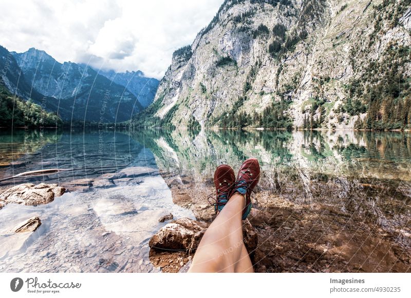 Relaxation on the lake. Legs relaxing on the shore. Obersee - Königssee, Berchtesgadener Land, Bavaria, Germany track running Walking sneakers Footwear