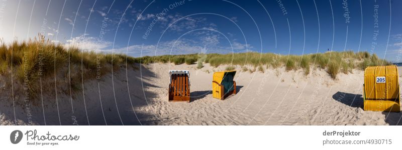 Panoramic photo: beach chairs in front of dune in nature reserve on Helgoland Vacation destination Deserted Schleswig-Holstein coast North Sea Beautiful weather