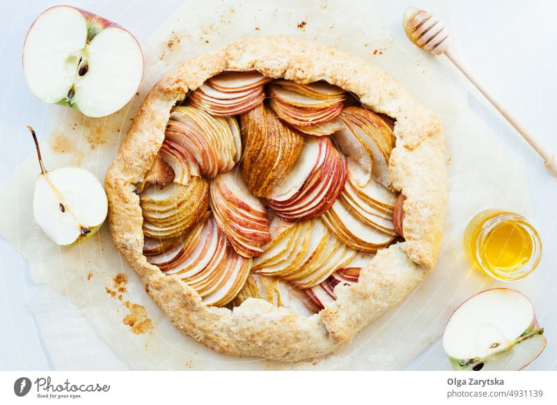 Apple and pear galette. apple pie tart cake baked dessert food background closeup delicious fresh fruit homemade pastry rustic sweet autumn table cooking crust