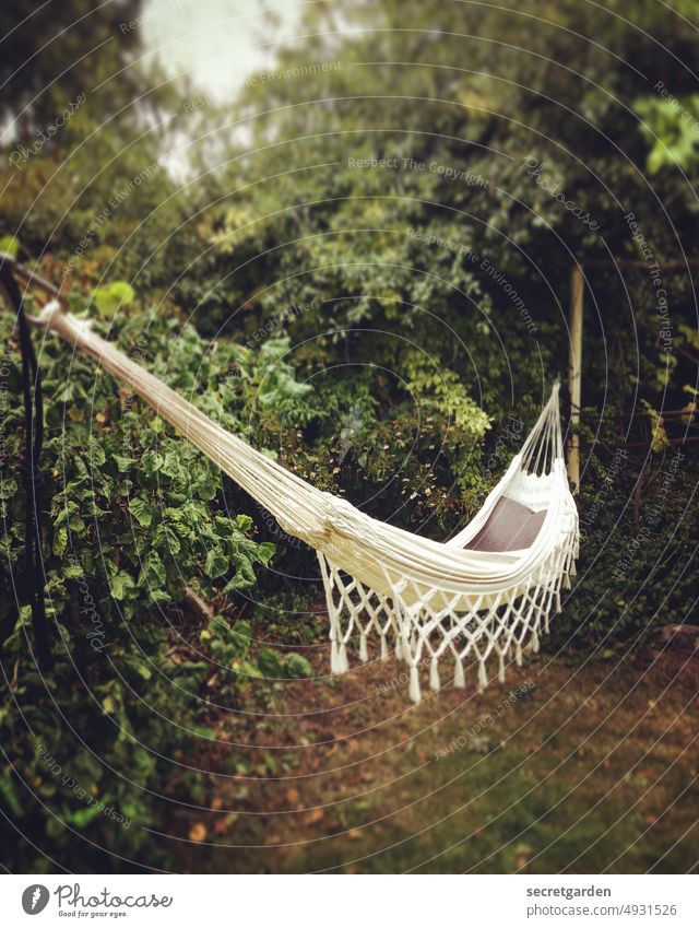 the hammock is already waiting.... Hammock relaxing Garden Summer White Green Hang Empty Appealing focus Grass Reading Relaxation Exterior shot Nature Day