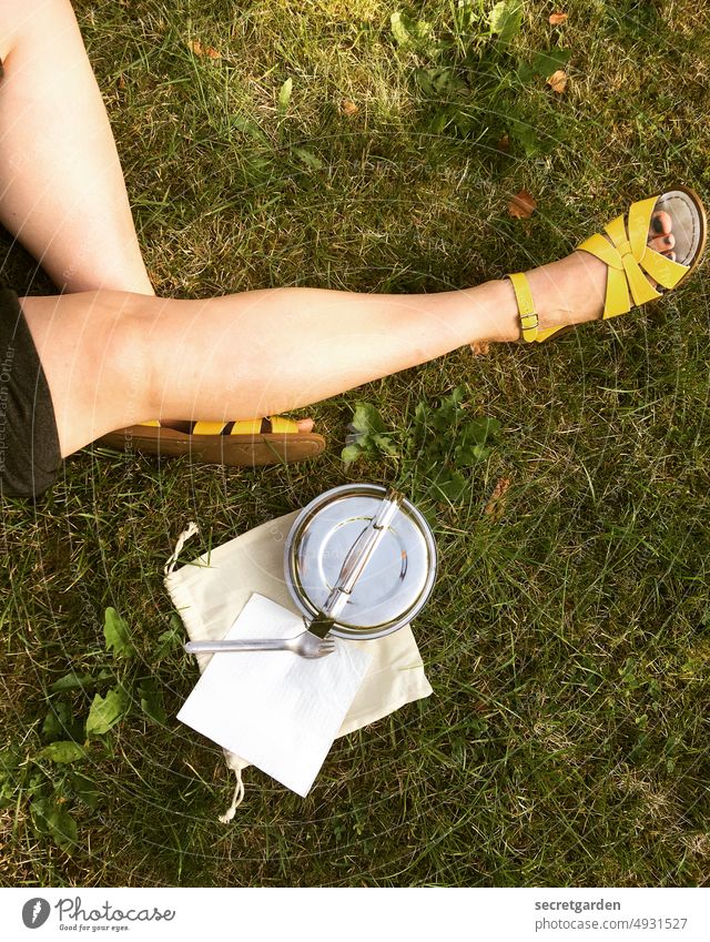 to -go me-time Picnic Positive Legs leg Eating Nutrition Grass Meadow relaxing Sandals Yellow Green Naked Skin Napkin Stylish Cozy Break Summer Exterior shot