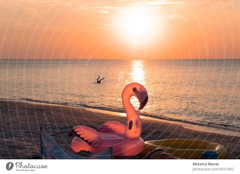 Fun on the beach. Inflatable swimming wheel toy in the shape of pink flamingo on sunset beach. Kid play in water.  Concept of summer vacation by the sea. Happy childhood magic moments.