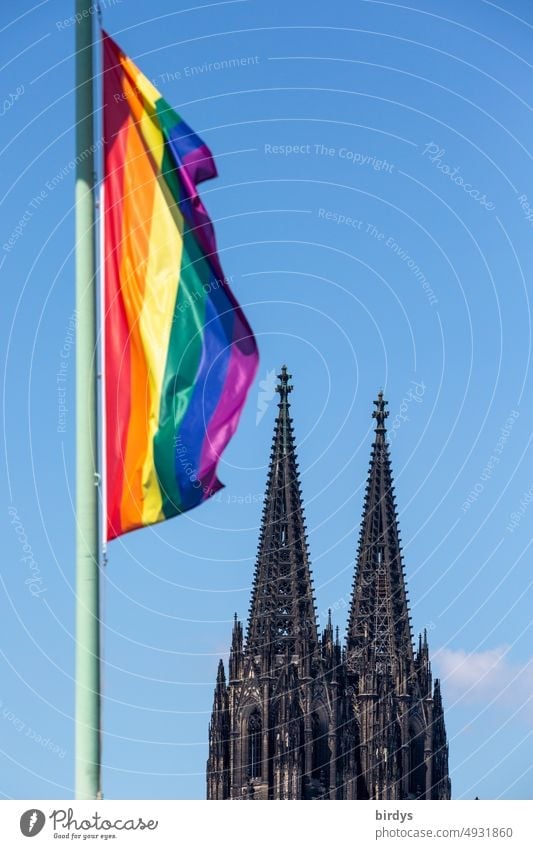Rainbow flag in front of Cologne Cathedral at CSD, Christopher Street day rainbow flag Prismatic colors lgbtqi Homosexual queer Equality equality Tolerant Love