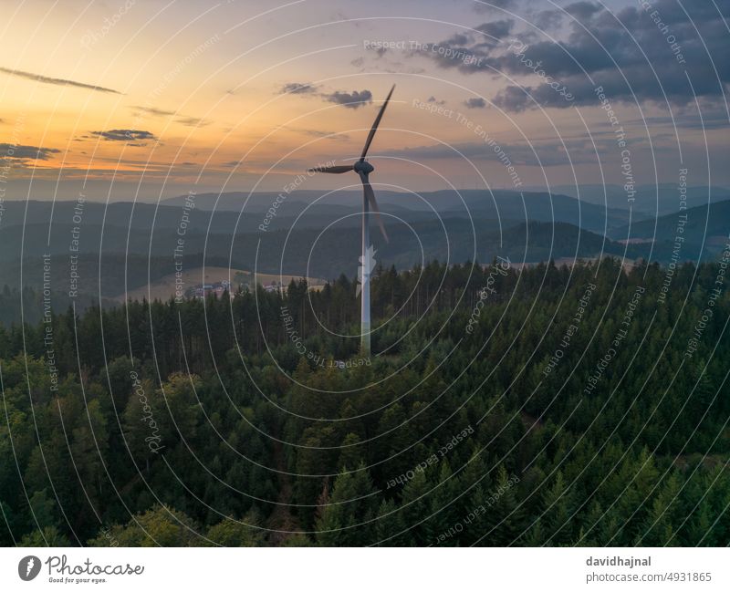Aerial view of a wind turbine in the Black Forest near Freiamt. farm rural plant morning natural blue agriculture power plant sunrise field green background
