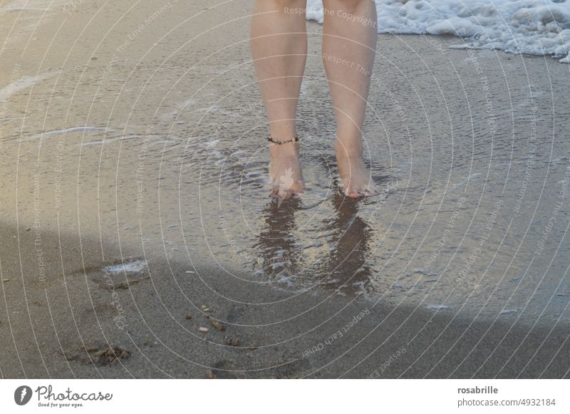 What comes what stays? | Ebb and flow feet Beach Ocean Sand vacation Low tide High tide Water bathe Stand washed round sunken Wet Woman Girl White crest Foam