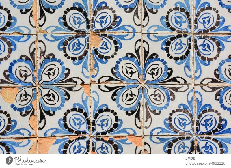 azulejos Azulejo Tile tiles tiled parquet Blue Pattern Sampling pattern Portugal Portuguese Lisbon Wall decoration Sky blue Broken run-down background