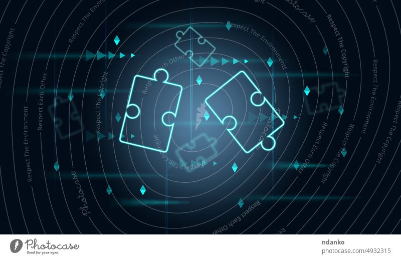 Neon puzzles on a blue abstract background, the concept of finding solutions neon light jigsaw teamwork glow strategy business part futuristic piece join system