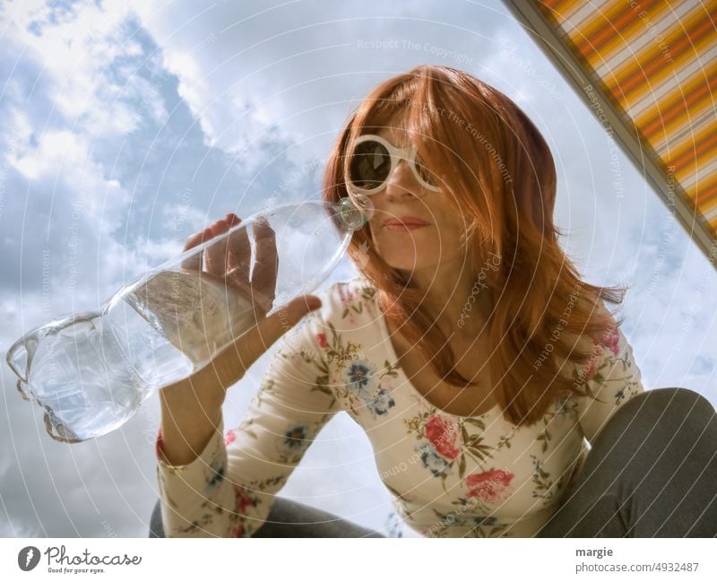 Woman with sunglasses tastes water from water bottle Thirst Thirsty Beverage Cold drink Thirst-quencher Colour photo Drinking water Fluid Mineral water Healthy