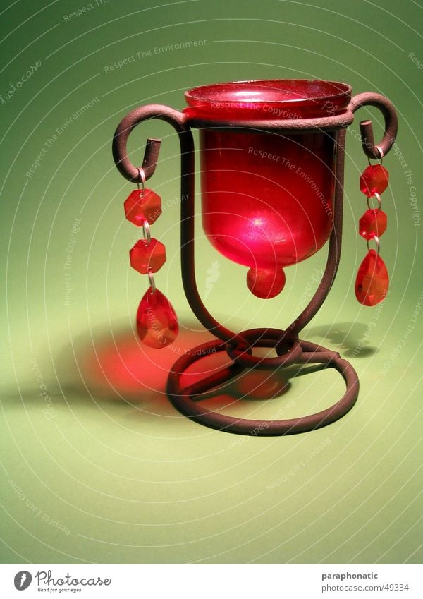 tealight holder Lamp Tea warmer candle Red Brown Green Light Illuminate Style Photographic table Interior shot Bright Old Kitsch granny's lamp Rust