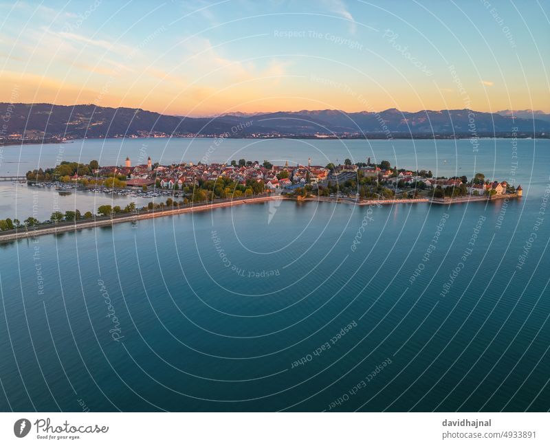 Aerial view of the city Lindau at the Lake Constance. harbor boat coast town beautiful vacation blue sea travel tourism summer landscape lindau cityscape