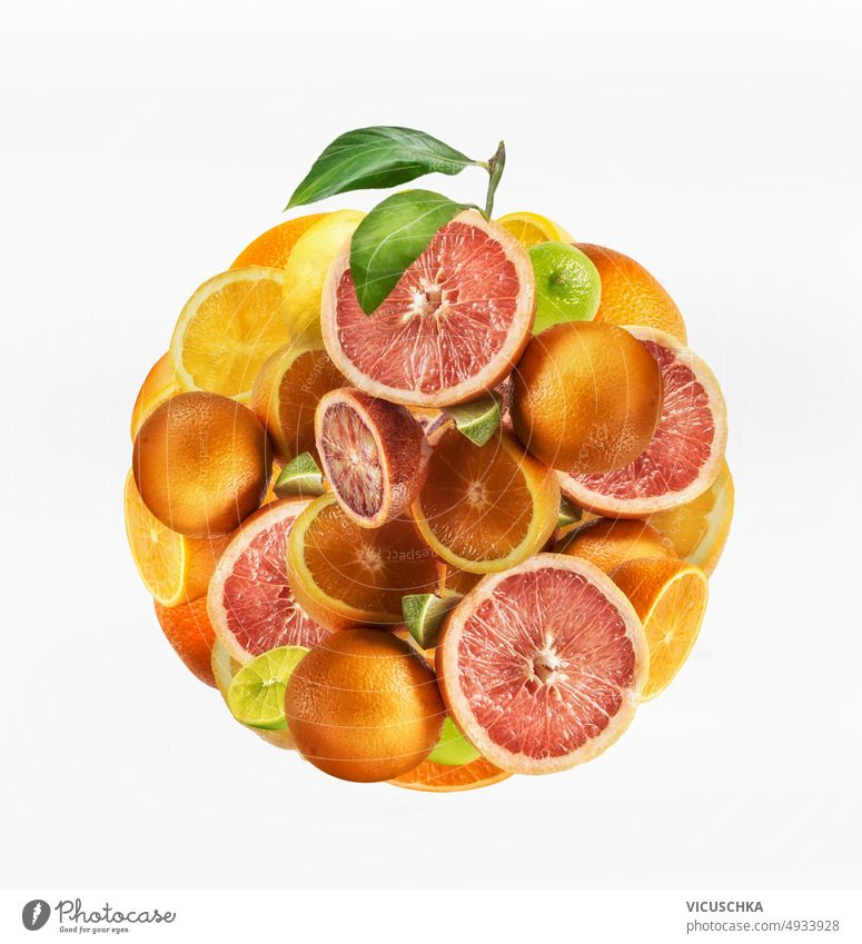 Various citrus fruits composing at white background various ingredient refreshing colorful tangerine grapefruit delicious vitamin healthy sliced food orange