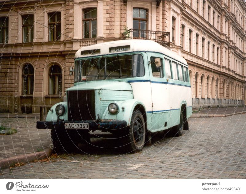 Bus Riga Vintage car Means of transport Pavement Roadside Town Latvia Eastern Europe Street Baltic region