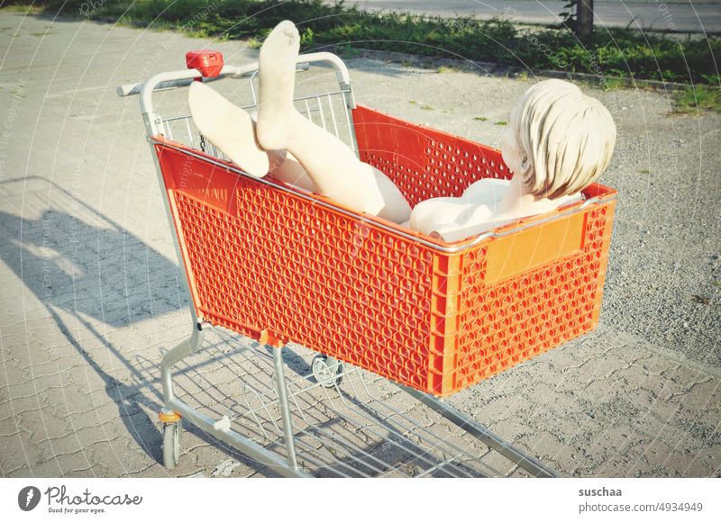 shopping in a different way: with mannequin Shopping Trolley Mannequin Supermarket Home improvement store purchasing Whimsical Hypermarket Retail sector
