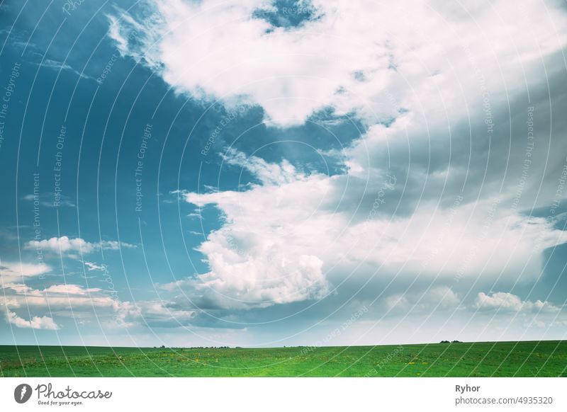 Countryside Rural Field Meadow Landscape In Summer Rainy Day. Scenic Dramatic Sky With Rain Clouds On Horizon. Agricultural And Weather Forecast Concept