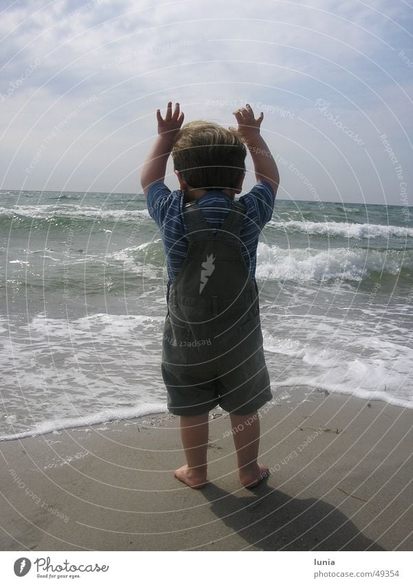 The little man and the sea Child Toddler Ocean Waves Beach Vacation & Travel Summer Baby Denmark Boy (child) Water Sand Sun Baltic Sea