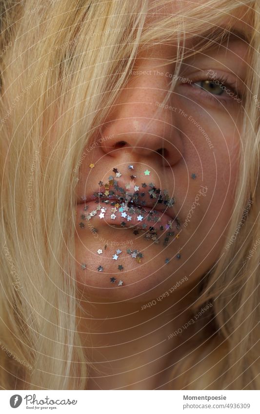 Silence _ blonde woman with silver stars on lips Silver Blonde Woman Young woman To be silent quiet Calm Feminine Face Emotions Mouth Human being Adults