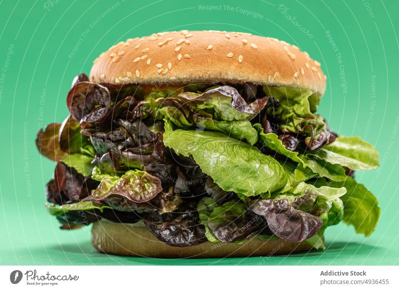Healthy burger with mesclun leaves bun spinach healthy food fresh diet lettuce concept vegan color salad bright lunch culinary vivid leaf nutrition bunch