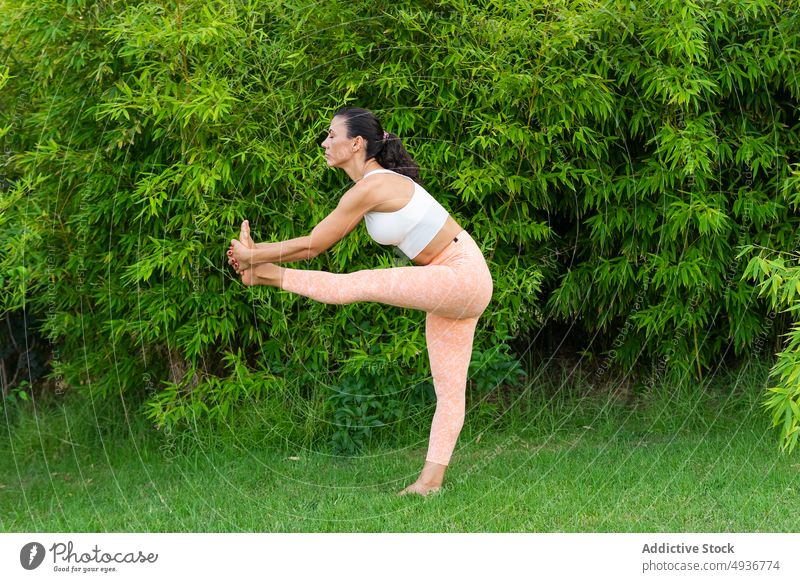 Woman doing Standing hand to big toe asana in park woman training standing hand to big toe yoga exercise practice balance lawn zen sportswear hobby perform