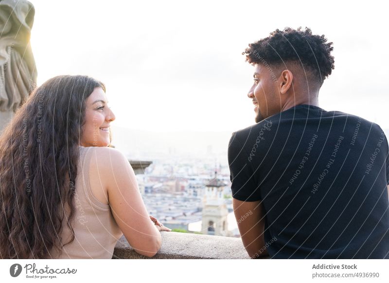 Rear View Of Couple Standing In City Man talking Girlfriend Clear Sky Copy Space City Life Boyfriend Lifestyle Love Leisure Together Casual Clothes Bonding