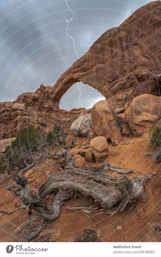 Driftwood near natural arch during thunderstorm driftwood stone lightning sky cloudy gray desert window arch arches national park moab utah usa united states