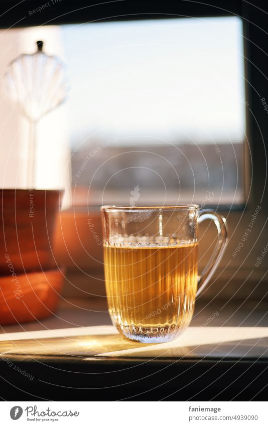 still wait and see... and drink tea... golden Beverage windowsill Refreshment Tea teatime Cup Glass strengthening Window Transparent Drinking refresh enjoyment