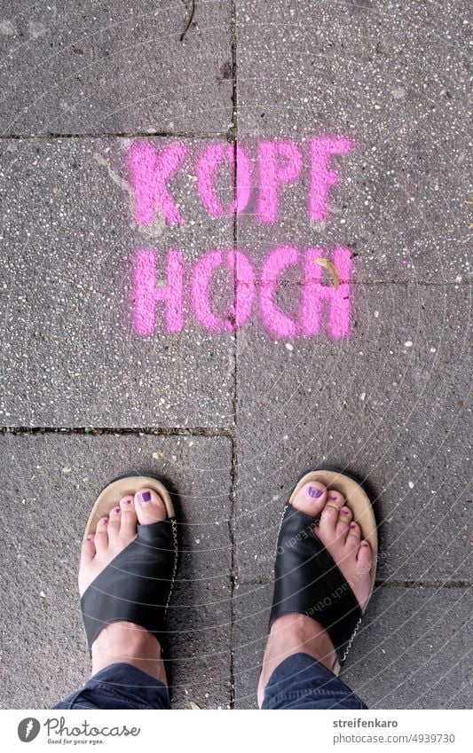 Head up - female feet standing in front of pink graffiti on sidewalk Graffiti Street Ground Sidewalk off Head high cheer up invitation Future optimistic Help