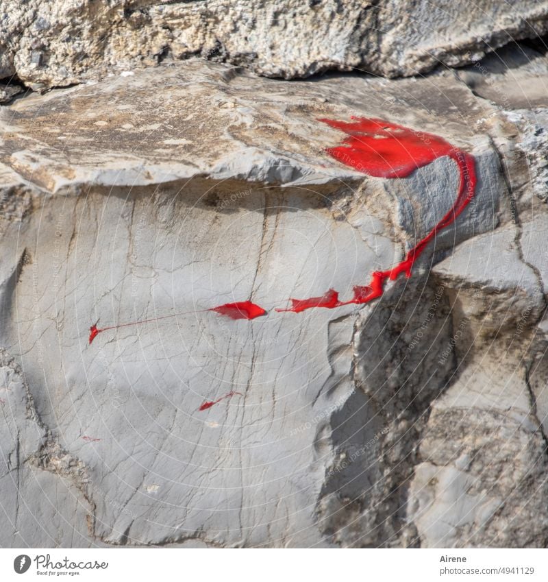 Crime scene | without body Colour Red rock paint splashes Blood Red Patch of colour Creepy Stone stone Rock Adventure Brutal Crime thriller criminal felonies