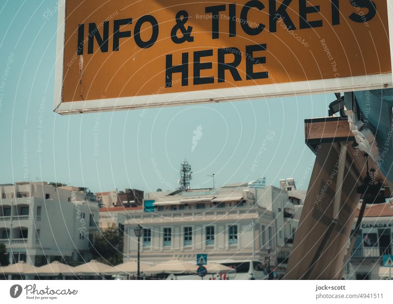 INFOS & TICKETS HERE Information tickets English Greece Tourism Vacation & Travel House (Residential Structure) Crete Cloudless sky Facade Signs and labeling