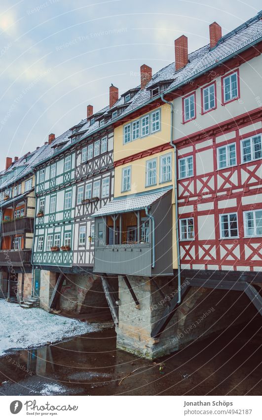 Krämerbrücke half-timbered houses in Erfurt from outside in winter with snow shopkeeper's bridge Half-timbered houses Winter Snow Tourism Exterior shot